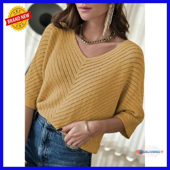 Soft V-Neck Pullover Sweater, 3/4 Sleeve, Loose Fit, Lightweight Knit - Picture 3 of 5